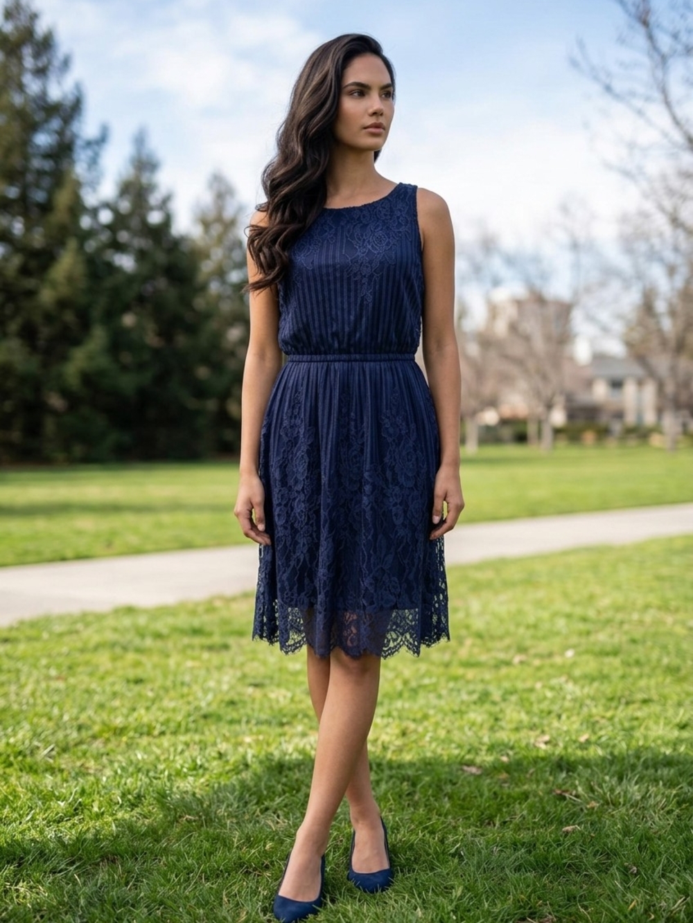 Xhileration Sleeveless Lace Fit-and-Flare Dress in Navy Sz Medium
